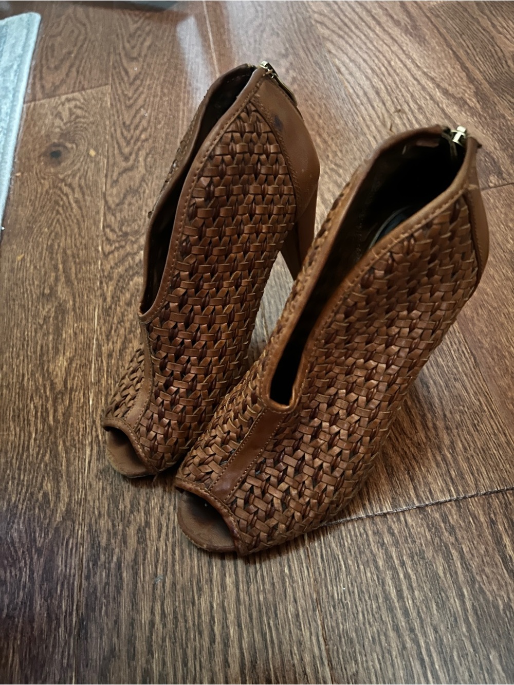 Vince Camuto Brown Woven Peep-Toe High Heel Booties
